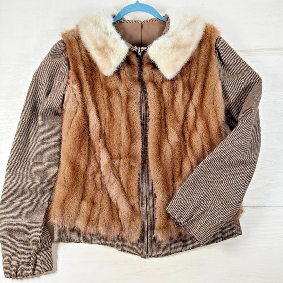 VINTAGE Handmade Mink Fur‎ Jacket Women's S Brown Bomber Style Wool Sleeves Coat